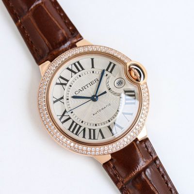 TW Factory Ballon Bleu De Cartier 40mm 2824 Movement White Face Brown Leather Strap Diamond Bezel Watch